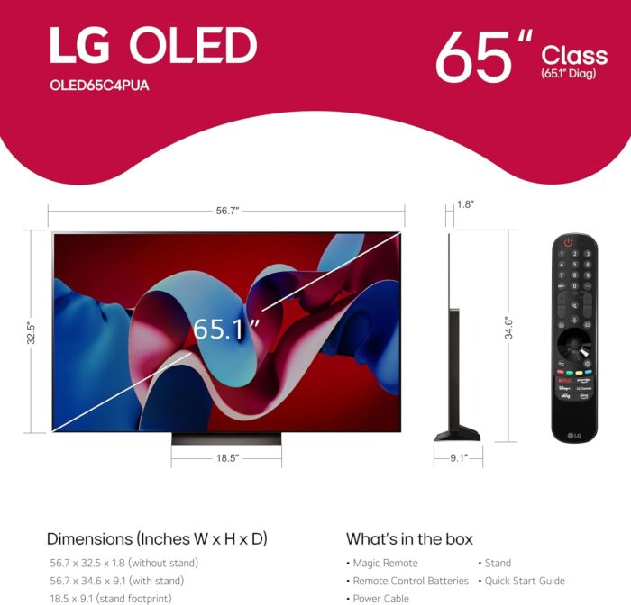 LG Smart TV OLED evo C4 de 65 pouces, écran plat avec processeur 4K, télécommande magique alimentée par l'IA et Alexa intégrée (OLED65C4PUA, 2024)