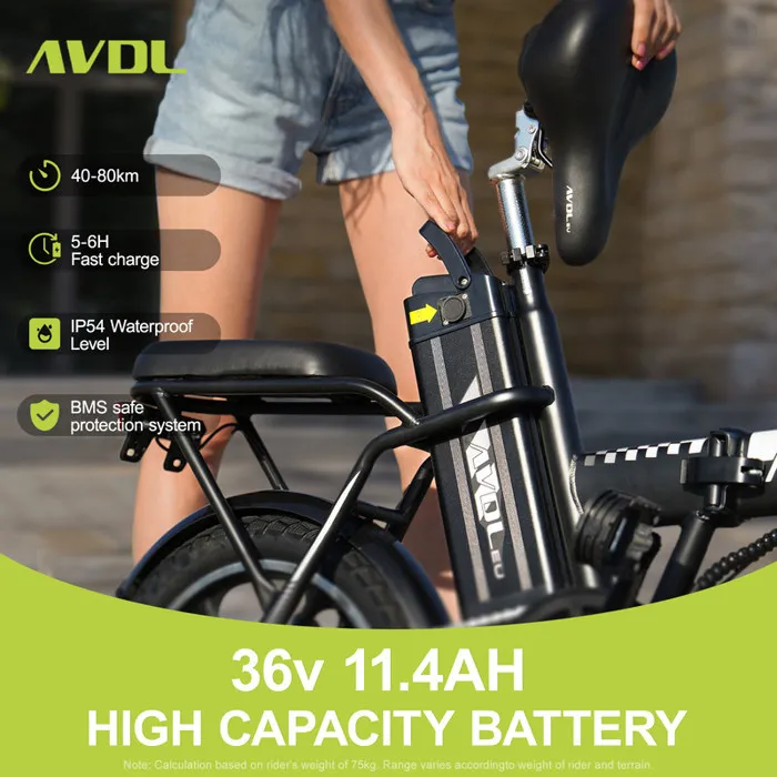 Avdleu- Vélo Électrique Pliable - Roues 16" - Moteur 250W 25km/h - Batterie 36V 11.4Ah - Autonomie 40-80km (Mode ASSIST) - Noir – Image 3