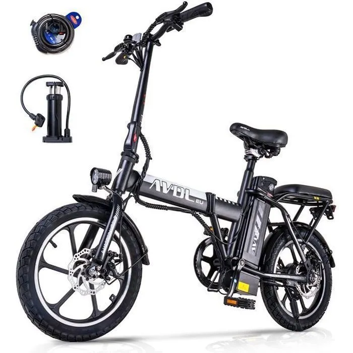 Avdleu- Vélo Électrique Pliable - Roues 16" - Moteur 250W 25km/h - Batterie 36V 11.4Ah - Autonomie 40-80km (Mode ASSIST) - Noir