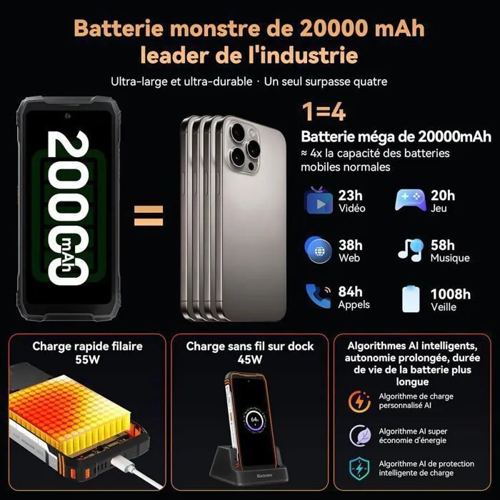 Smartphone Blackview Xplore 1 5G Robuste 48Go + 512Go 20000mAh/55W 64MP AI Caméra 6,78'' 120Hz Écran IP68 Téléphone NFC GPS – Image 7