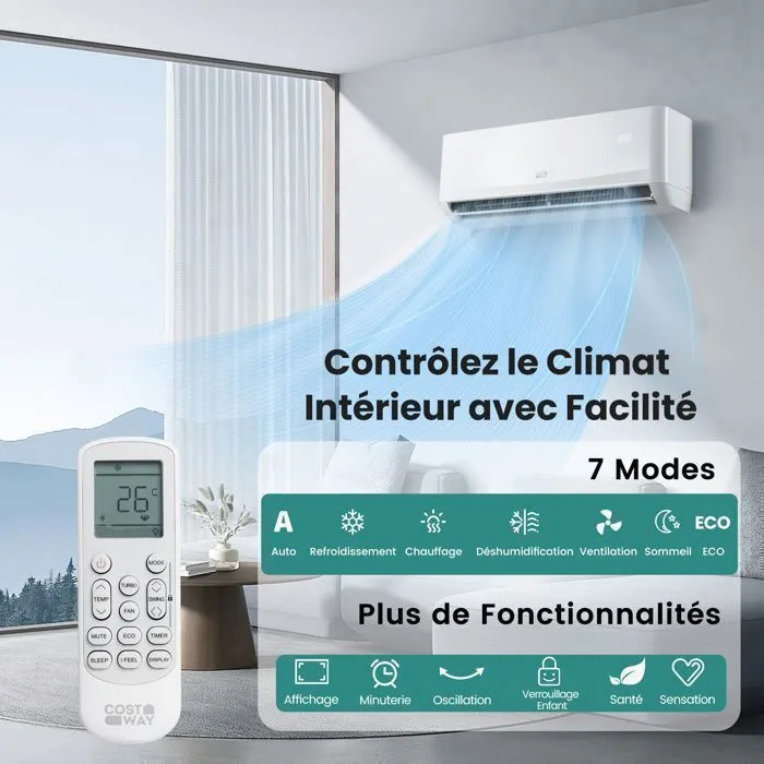 Climatiseur Fixe Mono-Split 12000BTU 3,4 kW R32 Costway-16-31°C-Pompe à Chaleur-22㎡-Kit 4M de Liaison Complet-Minuterie 24H-A++ – Image 3