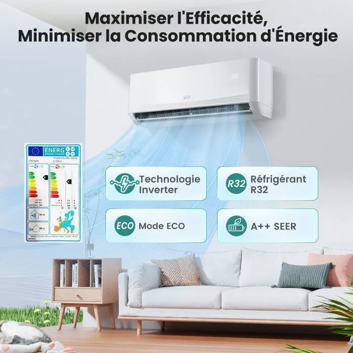 Climatiseur Fixe Mono-Split 12000BTU 3,4 kW R32 Costway-16-31°C-Pompe à Chaleur-22㎡-Kit 4M de Liaison Complet-Minuterie 24H-A++ – Image 4