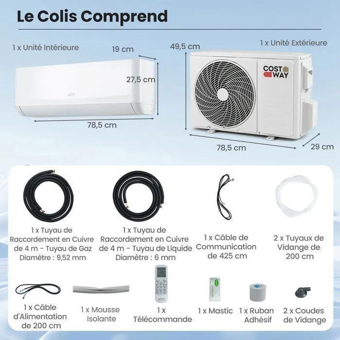 Climatiseur Fixe Mono-Split 12000BTU 3,4 kW R32 Costway-16-31°C-Pompe à Chaleur-22㎡-Kit 4M de Liaison Complet-Minuterie 24H-A++ – Image 6