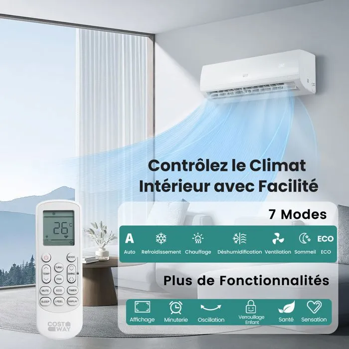 Climatiseur Fixe Mono-Split 9000BTU 2,6 kW R32 Costway-Chauffage 16-31°C-Pompe à Chaleur-Kit 4M Liaison Complet-Minuterie 24H-A++ – Image 2