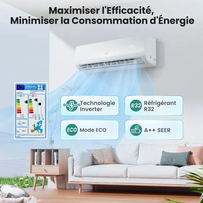 Climatiseur Fixe Mono-Split 9000BTU 2,6 kW R32 Costway-Chauffage 16-31°C-Pompe à Chaleur-Kit 4M Liaison Complet-Minuterie 24H-A++ – Image 3