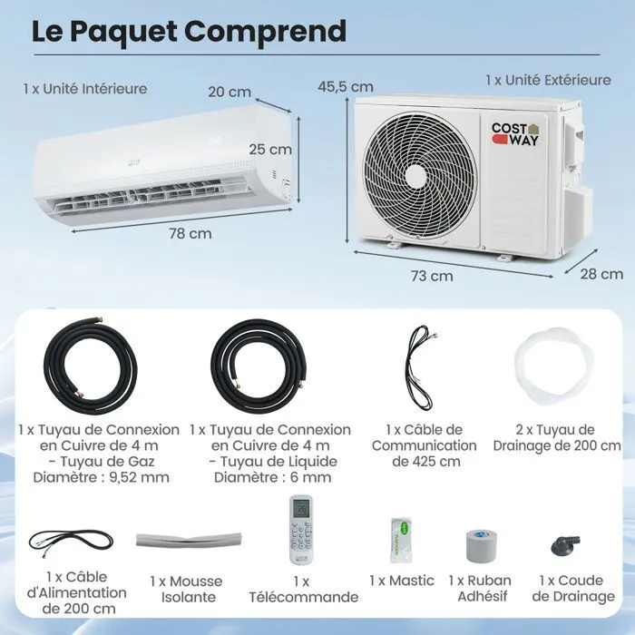 Climatiseur Fixe Mono-Split 9000BTU 2,6 kW R32 Costway-Chauffage 16-31°C-Pompe à Chaleur-Kit 4M Liaison Complet-Minuterie 24H-A++ – Image 5