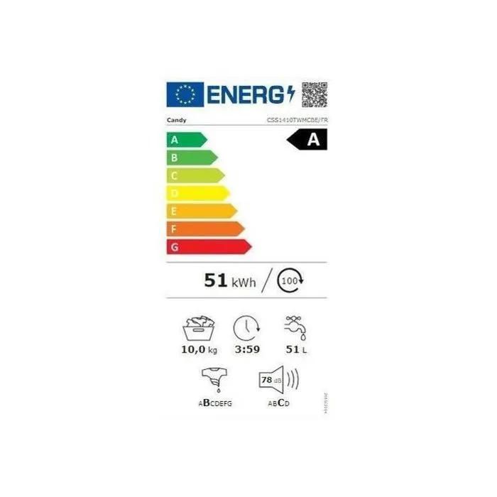 Lave-linge hublot Candy- 10 kg - Induction - Vapeur - 1400 trs/min - Classe A - Programmes rapides - Noir – Image 4